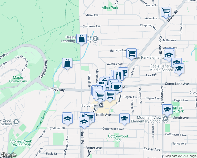 map of restaurants, bars, coffee shops, grocery stores, and more near 626 Claremont Street in Coquitlam