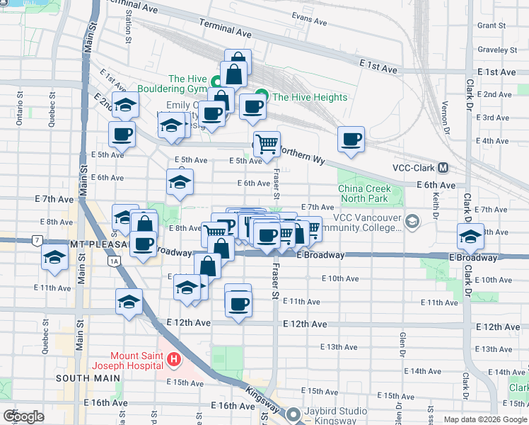 map of restaurants, bars, coffee shops, grocery stores, and more near 654 East 7th Avenue in Vancouver