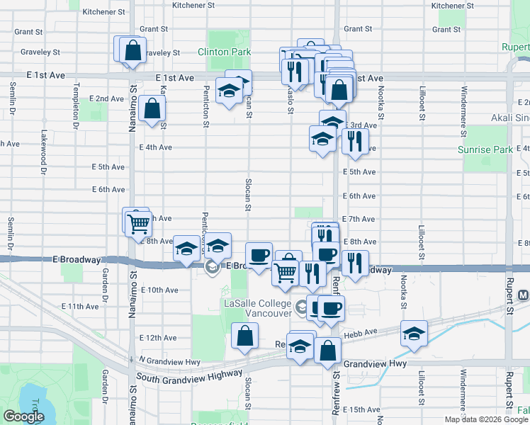 map of restaurants, bars, coffee shops, grocery stores, and more near 2741 East 7th Avenue in Vancouver