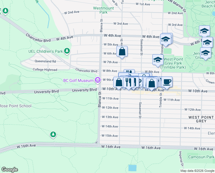 map of restaurants, bars, coffee shops, grocery stores, and more near 4665 West 10th Avenue in Vancouver