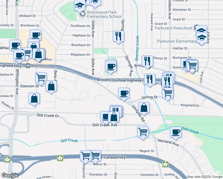 map of restaurants, bars, coffee shops, grocery stores, and more near 5110 Lougheed Highway in Burnaby