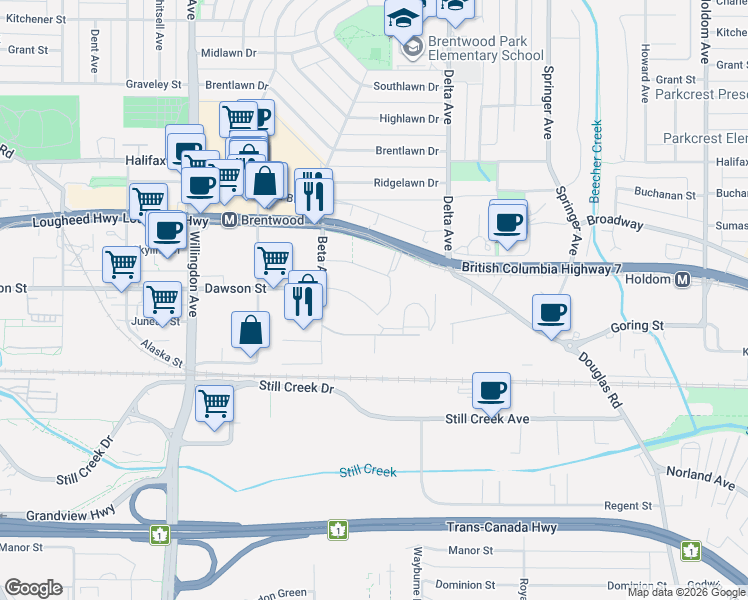 map of restaurants, bars, coffee shops, grocery stores, and more near 2289 Yukon Crescent in Burnaby
