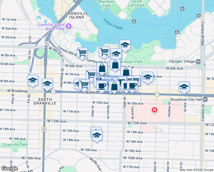 map of restaurants, bars, coffee shops, grocery stores, and more near in Vancouver