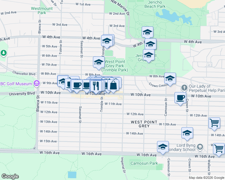 map of restaurants, bars, coffee shops, grocery stores, and more near 4355 West 10th Avenue in Vancouver