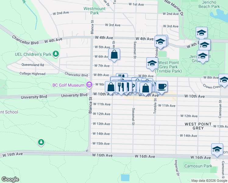map of restaurants, bars, coffee shops, grocery stores, and more near 2580 Tolmie Street in Vancouver