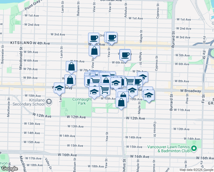 map of restaurants, bars, coffee shops, grocery stores, and more near 2483 Yew Street in Vancouver