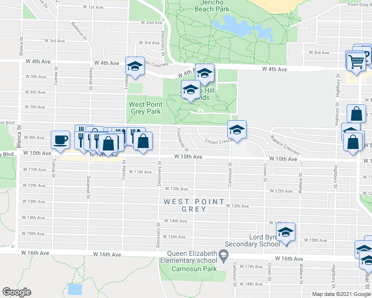 map of restaurants, bars, coffee shops, grocery stores, and more near 2550 Courtenay Street in Vancouver