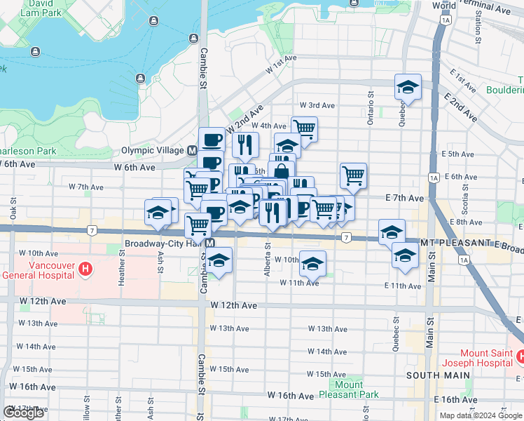 map of restaurants, bars, coffee shops, grocery stores, and more near 307 West 8th Avenue in Vancouver