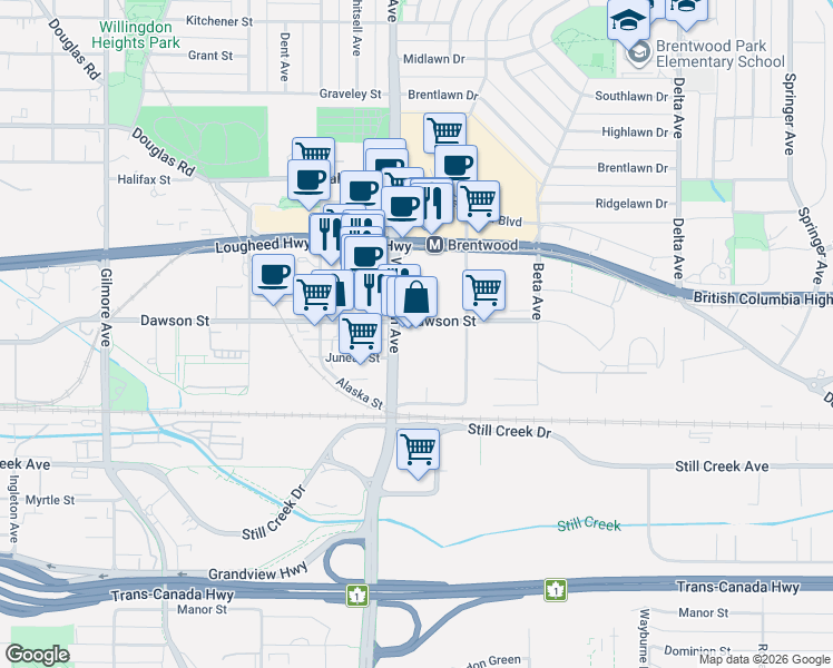 map of restaurants, bars, coffee shops, grocery stores, and more near 4538 Dawson Street in Burnaby