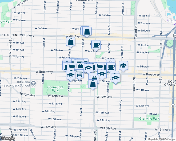 map of restaurants, bars, coffee shops, grocery stores, and more near 2165 West Broadway in Vancouver