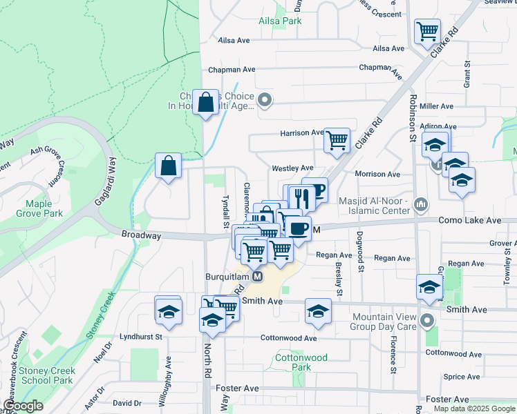 map of restaurants, bars, coffee shops, grocery stores, and more near 626 Claremont Street in Coquitlam