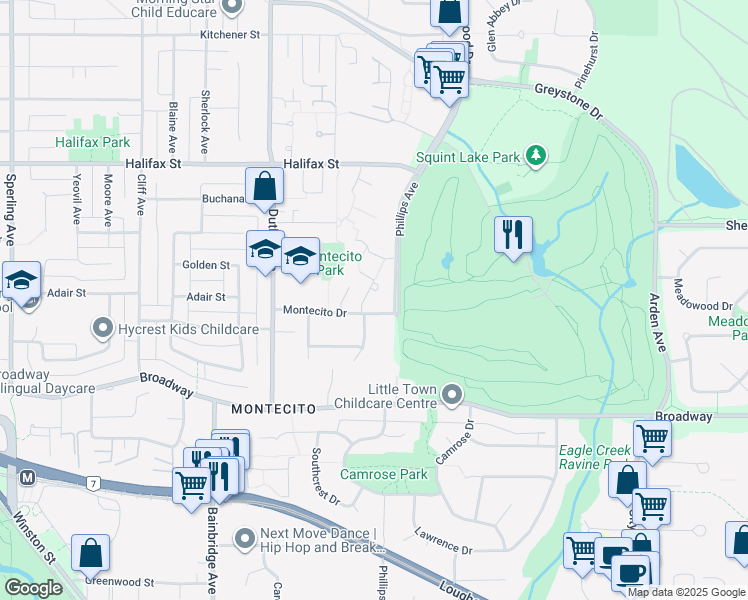 map of restaurants, bars, coffee shops, grocery stores, and more near 7375 Montecito Drive in Burnaby