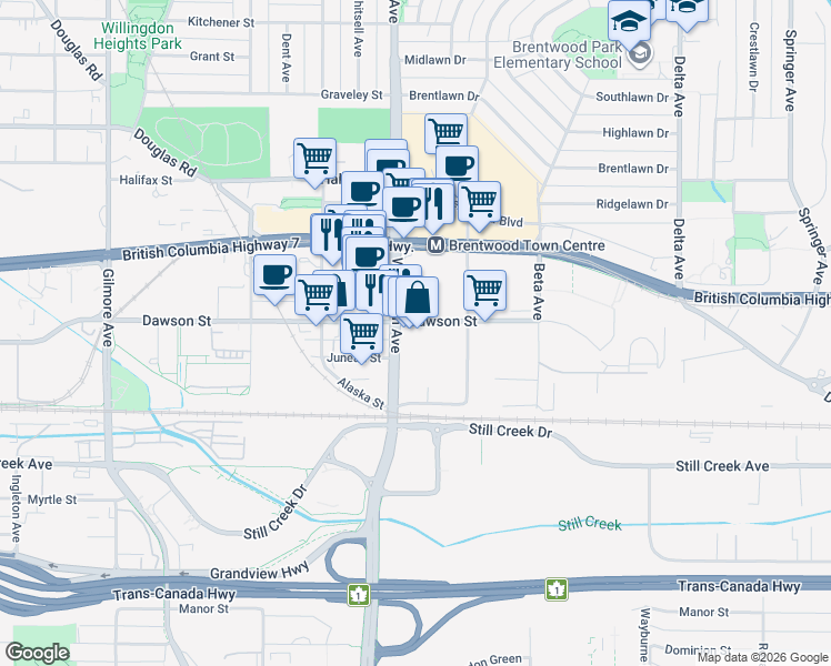 map of restaurants, bars, coffee shops, grocery stores, and more near 2162 Willingdon Avenue in Burnaby