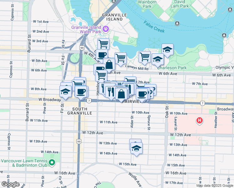 map of restaurants, bars, coffee shops, grocery stores, and more near 2420 Birch Street in Vancouver