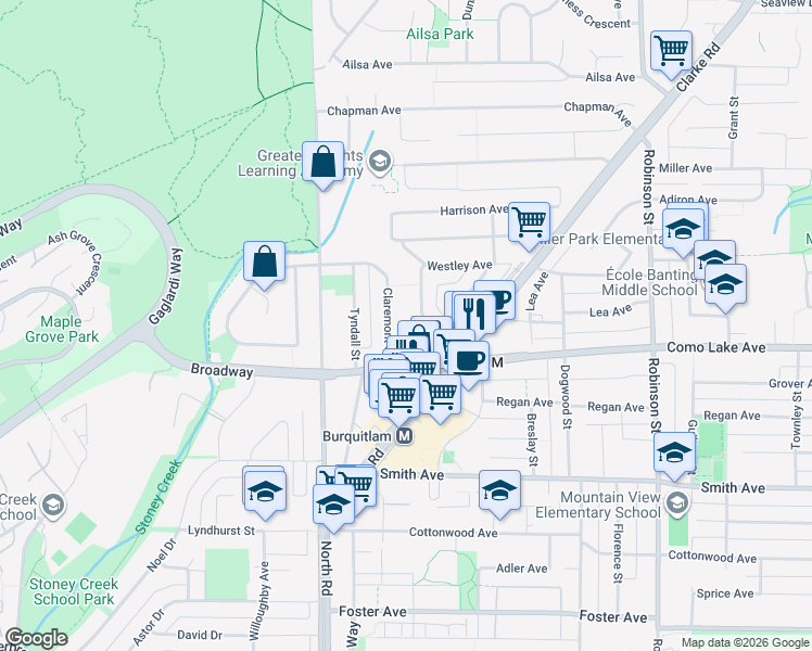 map of restaurants, bars, coffee shops, grocery stores, and more near 626 Claremont Street in Coquitlam