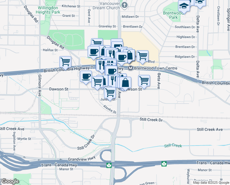 map of restaurants, bars, coffee shops, grocery stores, and more near 4452 Dawson Street in Burnaby