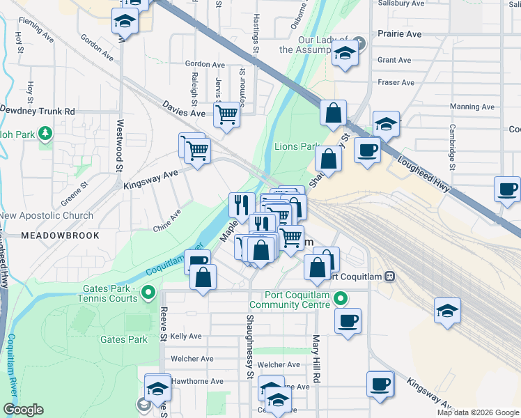 map of restaurants, bars, coffee shops, grocery stores, and more near 2628 Maple Street in Port Coquitlam