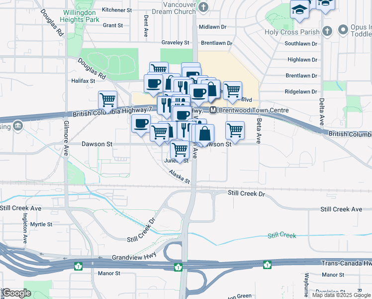 map of restaurants, bars, coffee shops, grocery stores, and more near 4452 Dawson Street in Burnaby