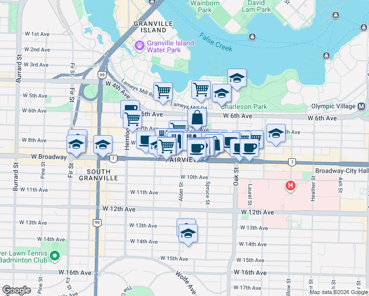 map of restaurants, bars, coffee shops, grocery stores, and more near 2412 Alder Street in Vancouver