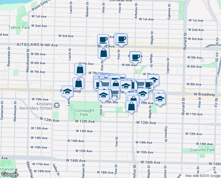 map of restaurants, bars, coffee shops, grocery stores, and more near 2245 West Broadway in Vancouver