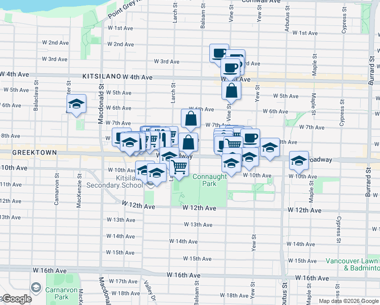 map of restaurants, bars, coffee shops, grocery stores, and more near 2431 West Broadway in Vancouver