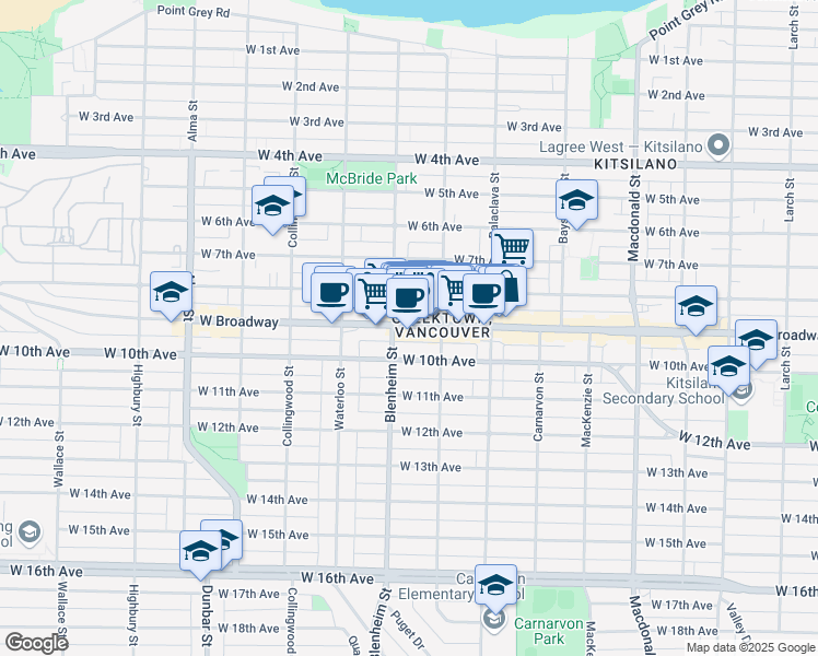 map of restaurants, bars, coffee shops, grocery stores, and more near 3280 West Broadway in Vancouver