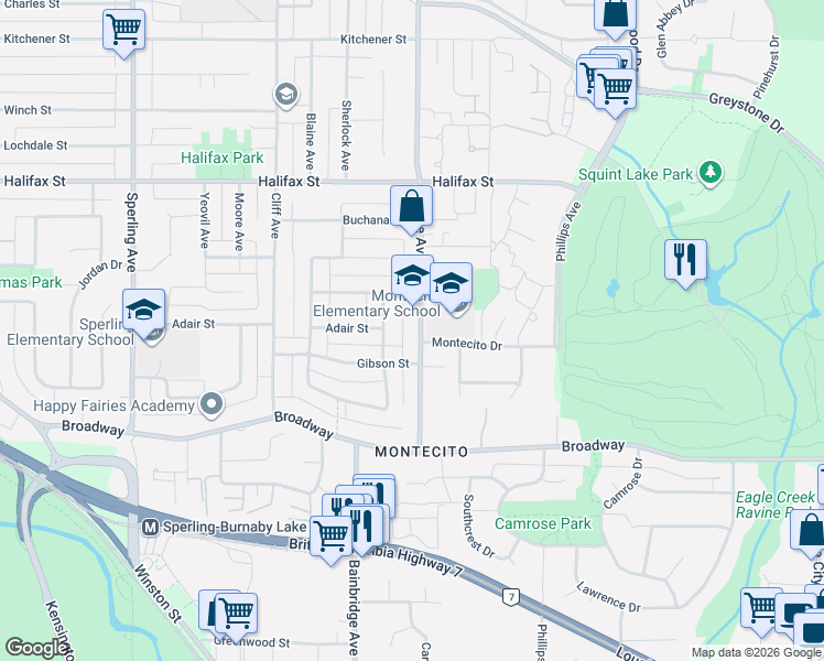 map of restaurants, bars, coffee shops, grocery stores, and more near 2215 Duthie Avenue in Burnaby