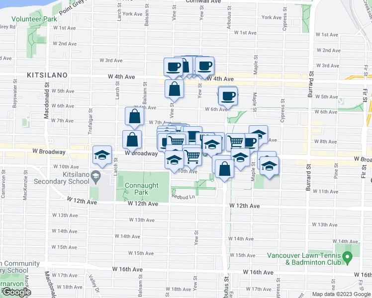 map of restaurants, bars, coffee shops, grocery stores, and more near 2245 West Broadway in Vancouver