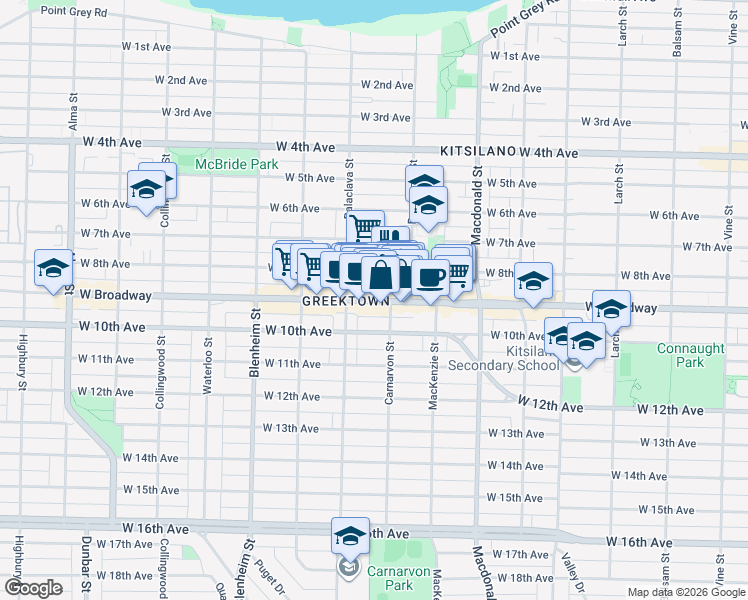 map of restaurants, bars, coffee shops, grocery stores, and more near 3031 W Broadway in Vancouver