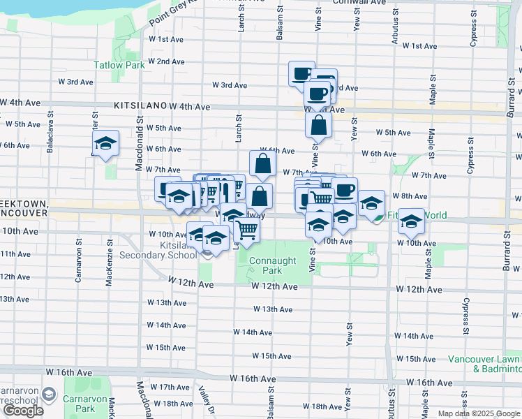 map of restaurants, bars, coffee shops, grocery stores, and more near 2431 West Broadway in Vancouver