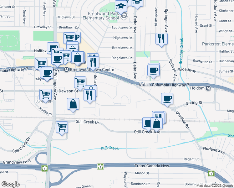 map of restaurants, bars, coffee shops, grocery stores, and more near Yukon Crescent in Burnaby