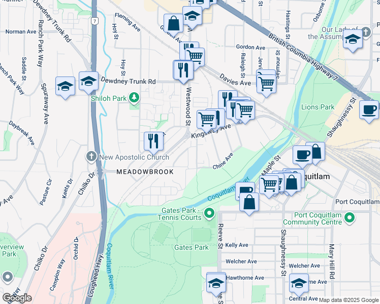 map of restaurants, bars, coffee shops, grocery stores, and more near in Coquitlam