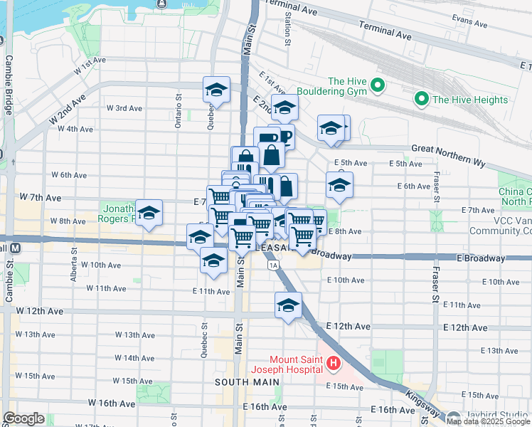 map of restaurants, bars, coffee shops, grocery stores, and more near in Vancouver