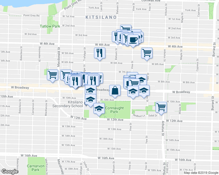 map of restaurants, bars, coffee shops, grocery stores, and more near in Vancouver
