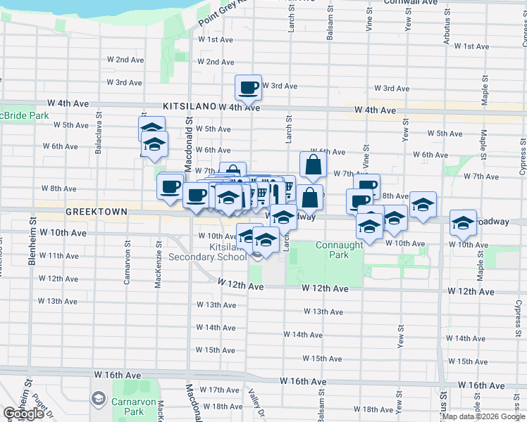 map of restaurants, bars, coffee shops, grocery stores, and more near 2565 West Broadway in Vancouver