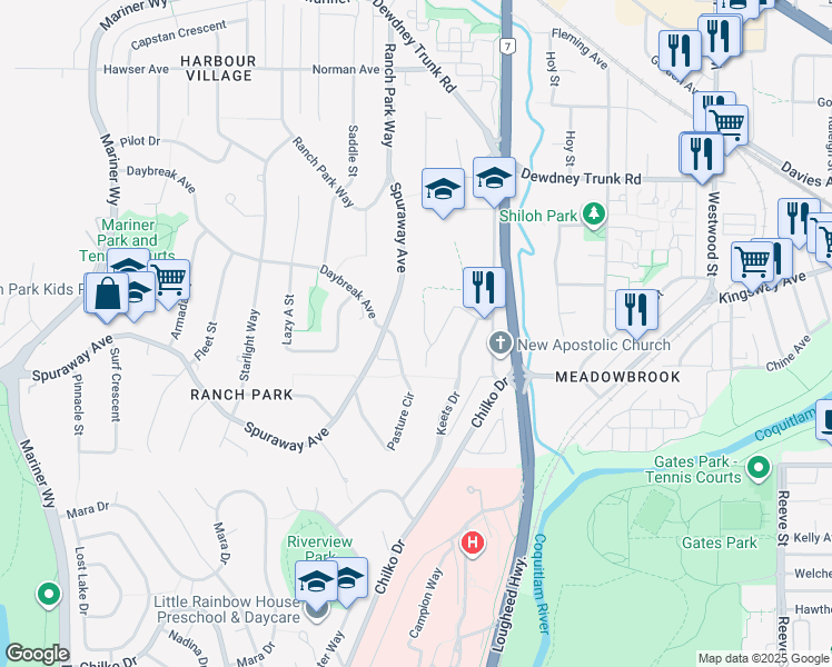 map of restaurants, bars, coffee shops, grocery stores, and more near 831 Reddington Court in Coquitlam
