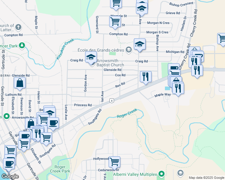 map of restaurants, bars, coffee shops, grocery stores, and more near 4136 Rex Road in Port Alberni