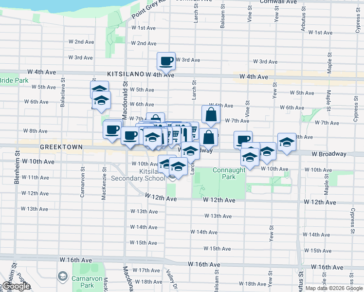 map of restaurants, bars, coffee shops, grocery stores, and more near 2545 West Broadway in Vancouver