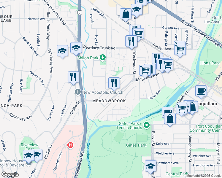 map of restaurants, bars, coffee shops, grocery stores, and more near 823 Greene Street in Coquitlam