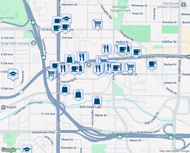 map of restaurants, bars, coffee shops, grocery stores, and more near 3989 Henning Drive in Burnaby