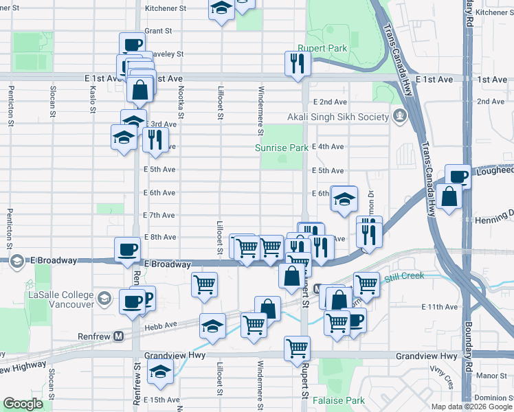 map of restaurants, bars, coffee shops, grocery stores, and more near 2281 Windermere Street in Vancouver