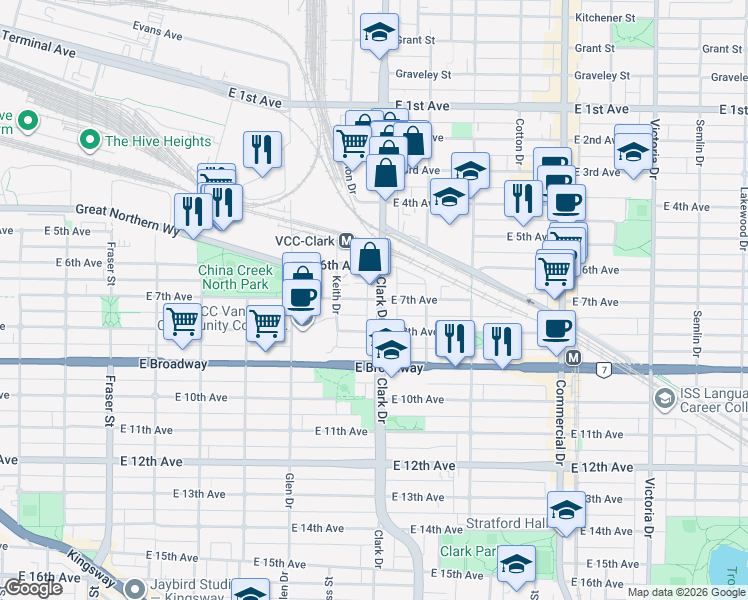 map of restaurants, bars, coffee shops, grocery stores, and more near 1286 East 7th Avenue in Vancouver