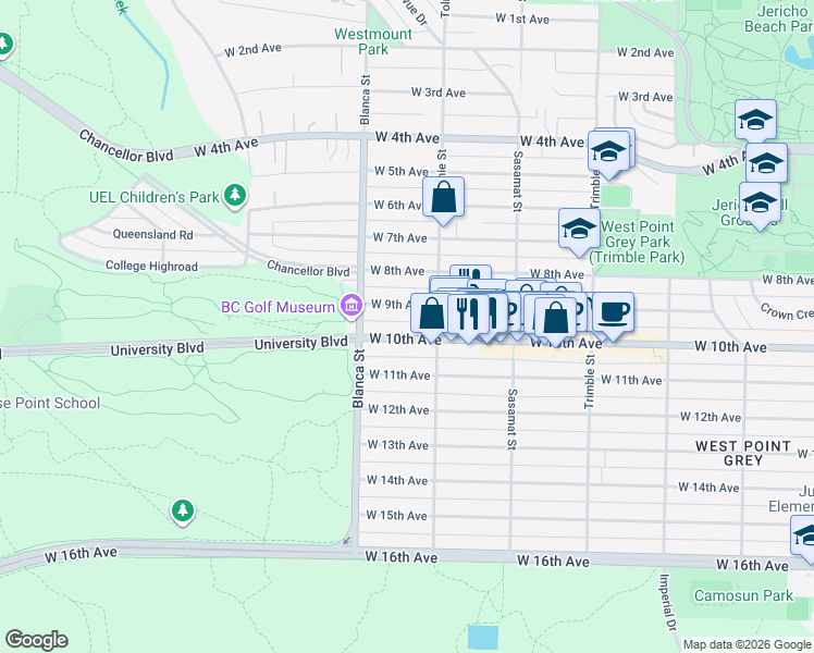 map of restaurants, bars, coffee shops, grocery stores, and more near 4639 West 10th Avenue in Vancouver