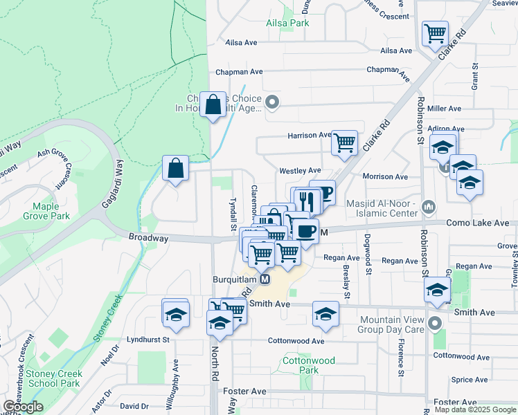 map of restaurants, bars, coffee shops, grocery stores, and more near 626 Claremont Street in Coquitlam