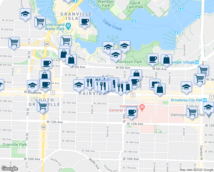 map of restaurants, bars, coffee shops, grocery stores, and more near 1108 West 8th Avenue in Vancouver