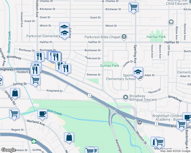 map of restaurants, bars, coffee shops, grocery stores, and more near 6386 Dawson Street in Burnaby