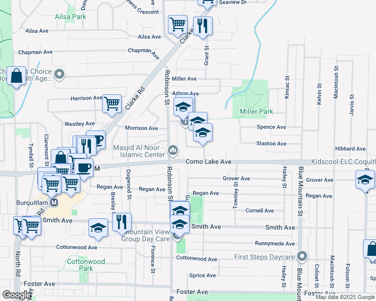 map of restaurants, bars, coffee shops, grocery stores, and more near 738 Ellice Avenue in Coquitlam