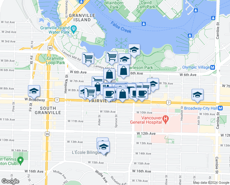 map of restaurants, bars, coffee shops, grocery stores, and more near in Vancouver