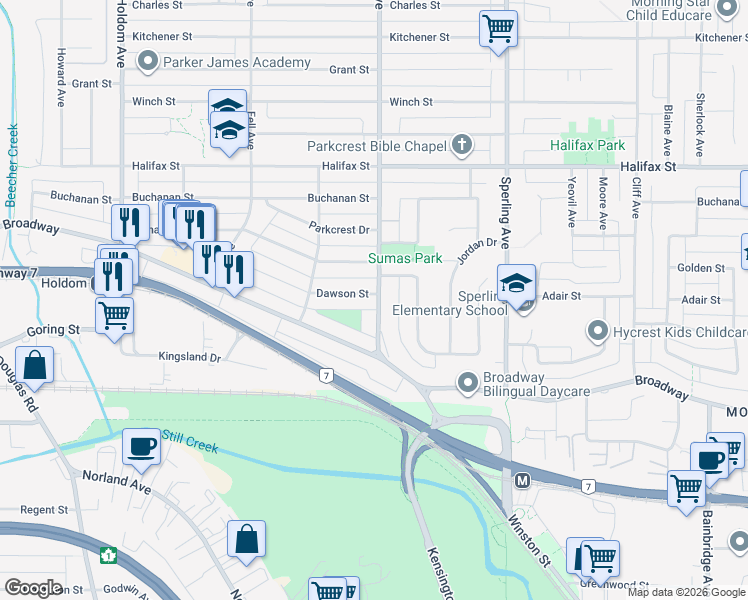 map of restaurants, bars, coffee shops, grocery stores, and more near 6488 Dawson Street in Burnaby