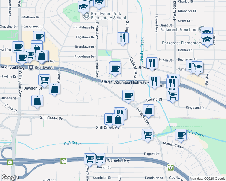 map of restaurants, bars, coffee shops, grocery stores, and more near 2200 Douglas Road in Burnaby